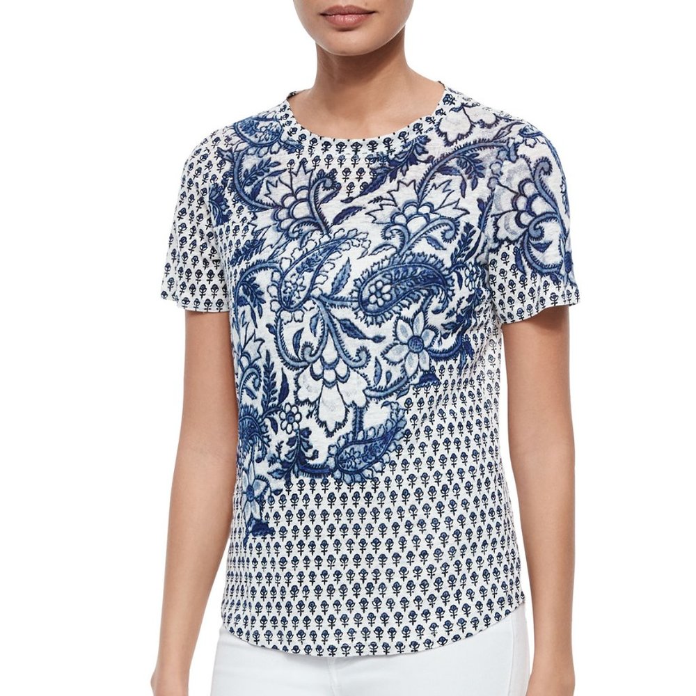 Bergdorf Goodman Rebecca Taylor English Paisley Print Tee Linen crew neck size S